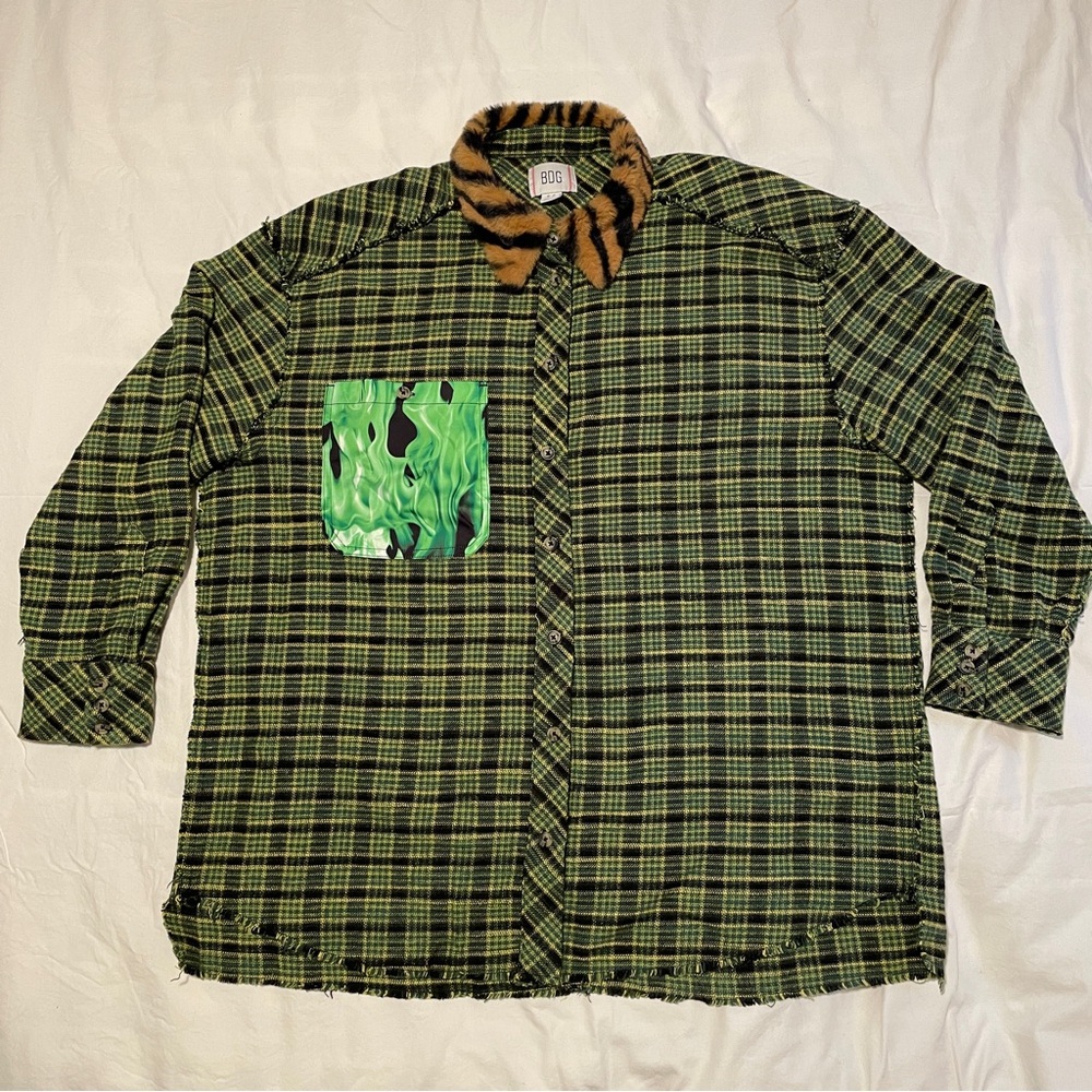BDG Pieced Green Plaid Oversized Flannel Shirt, Size Small